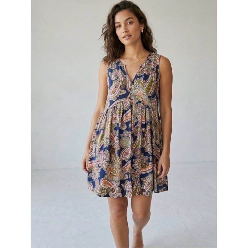 Umgee Boho Paisley Mini Dress Blue Pink Sleeveless Baby Doll V Neck Size Medium